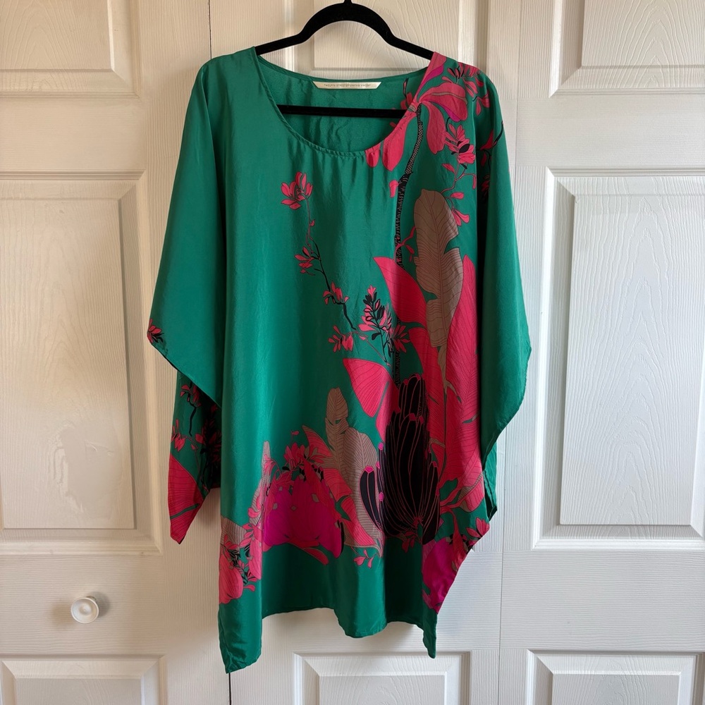 Twelfth Street Cynthia Vincent Silk Green Floral Bloom Boho Tunic Blouse L Asian